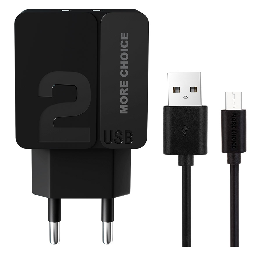 More Choice сетевое зарядное устройство NC46, c кабелем MicroUSB, 2 USB, черное/черное