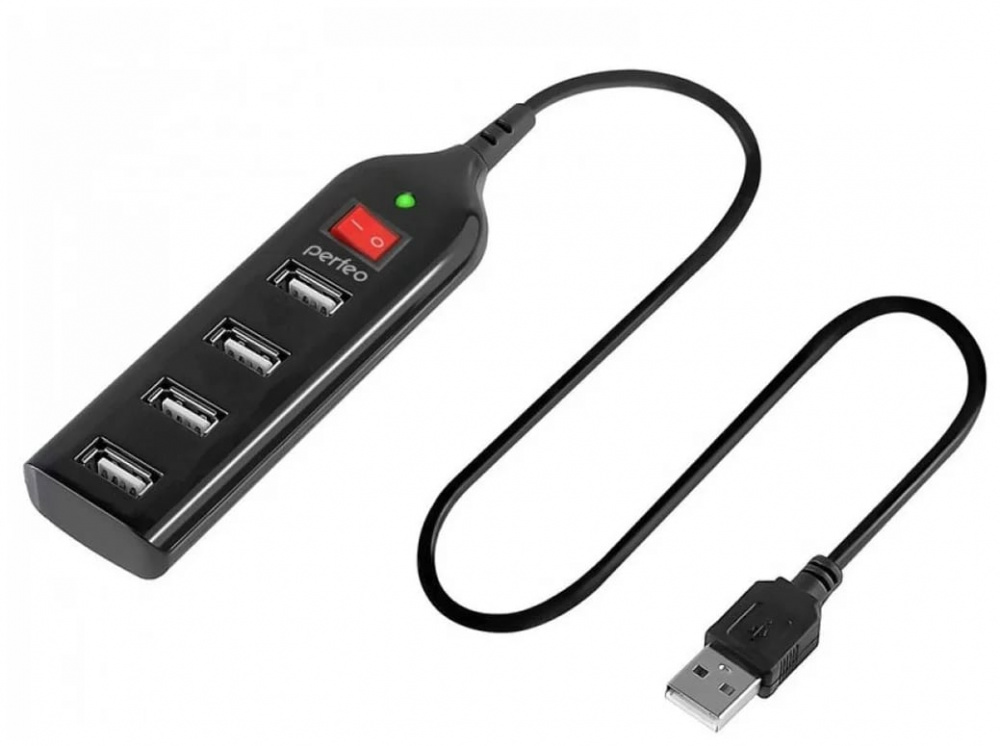 Perfeo USB-Хаб 2.0, 4 порта (PF-HYD-6001H black), с выключателем, черный