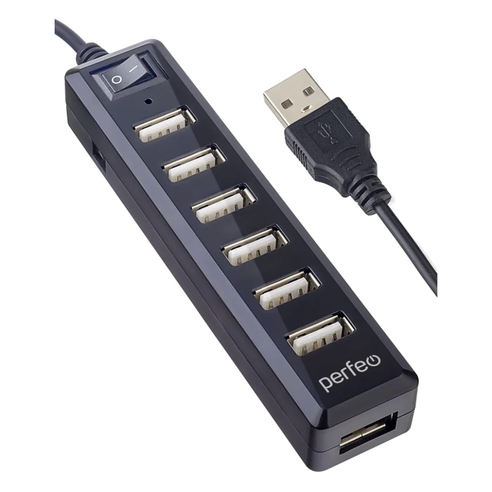 Perfeo USB-Хаб 2.0, 7 портов (PF-H034 black), с выключателем, черный