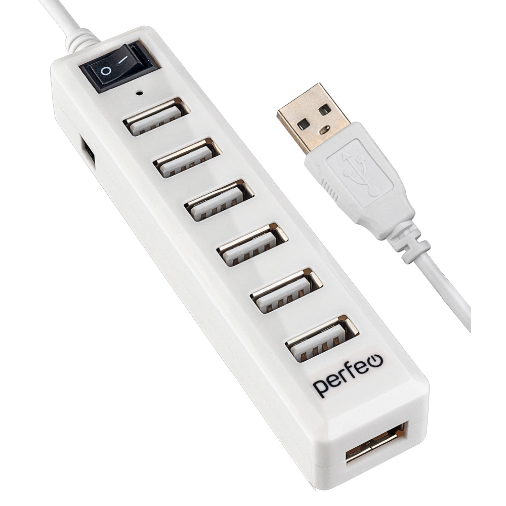 Perfeo USB-Хаб 2.0, 7 портов (PF-H034 white), с выключателем, белый